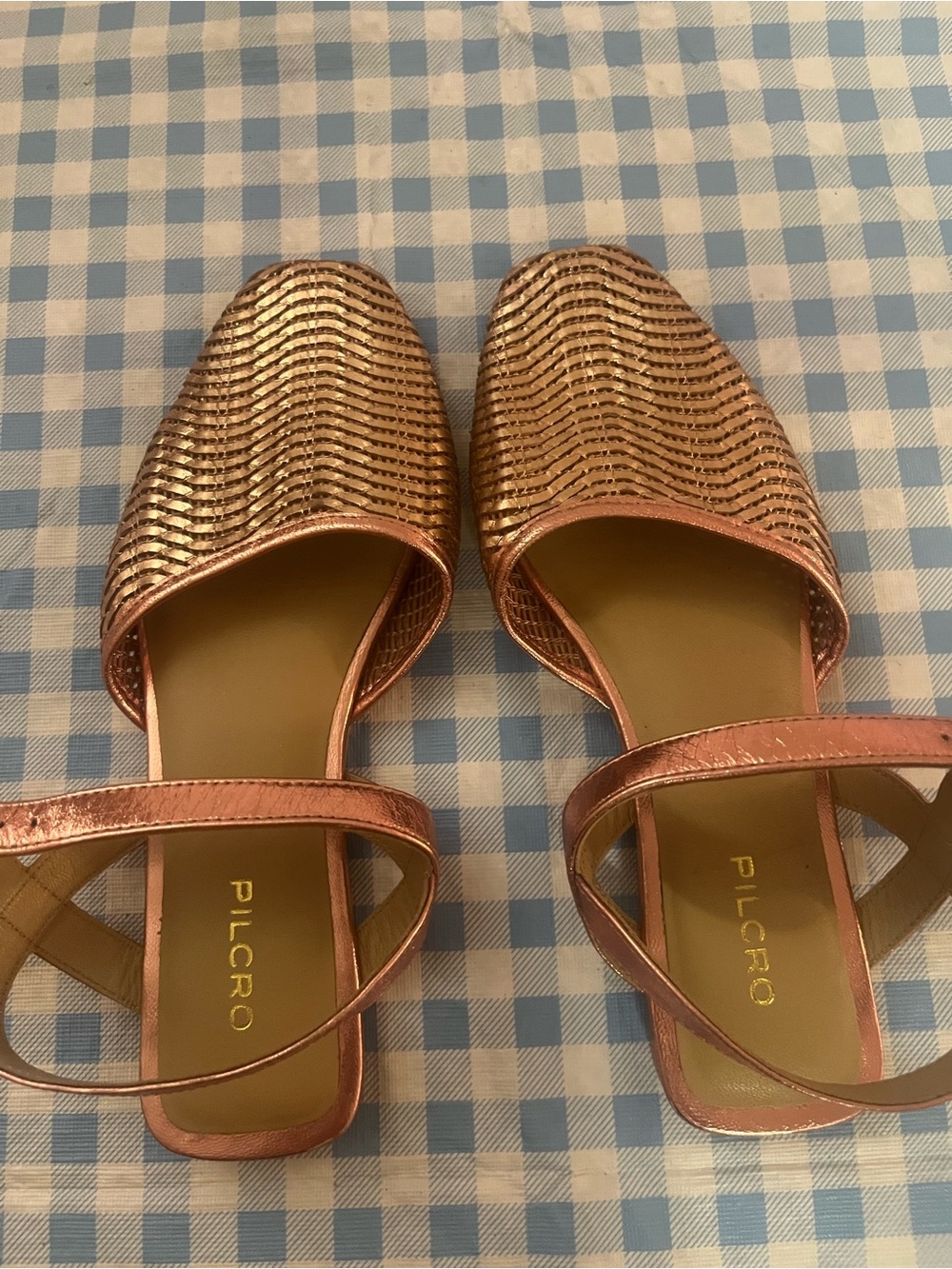 Anthropologie PilcroRose gold metallic woven leather flats woven ankle strap 6